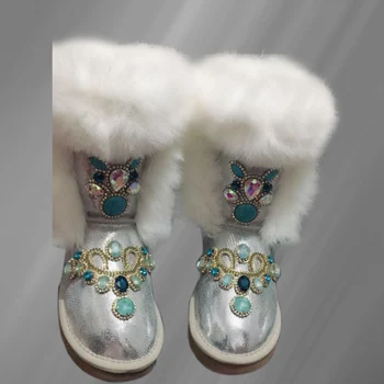 Joelho botas coelho de pelúcia inverno quente espessamento além de veludo feito a mão DIY de strass, lantejoulas confortáveis botas de neve 35-44