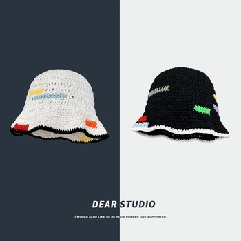 O coreano Nicho Designer Chapéu de Balde de Contraste de Cores de Malha Pescador Cap Outono e Inverno Casual All-correspondência de Mão-de malha Chapéus de Mulher