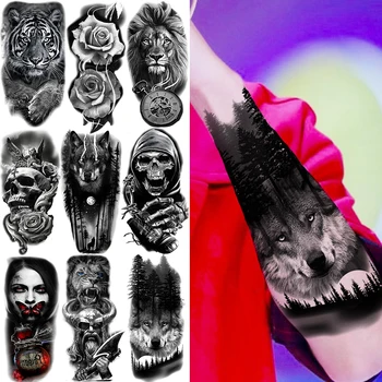 Lobo Da Floresta Tatuagens Temporárias Para Os Homens, As Mulheres Realista Tigre Flor Samurai Esqueleto De Leão Falso Etiqueta Da Tatuagem Do Braço Criativo Tatoos