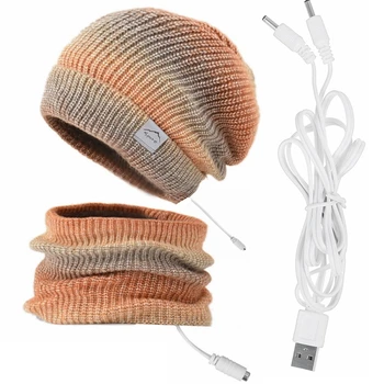 USB Aquecida Chapéu E Cachecol Inverno Suaves Chapéu de Gorro de Malha Gola Para o Exterior de Esqui de Acampamento de Caça