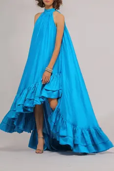 Verngo Alto Baixo Do Céu Azul De Cetim Vestidos De Baile De Gola Alta Em Camadas Saia De Comprimento Do Assoalho Mulheres Do Vintage Festa De Noite Formal Vestido Personalizado