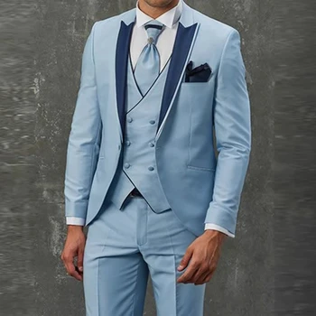 Nova Moda De Homens De Terno Slim Fit Céu Azul Homens De Smoking De Casamento De Fatos De Noivo Homens Vestido De Jantar De Partido De Praia (Casaco+Calça+Colete)
