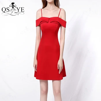 Vermelho Curto Prom Vestidos de 2021 Elástica de Uma linha de Cintas de Espaguete Vestido de Noite Formal Vestidos Curtos Zíper Vermelho Vestido de Festa Napel Pescoço