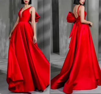 Elegante Vermelho Rubi Noite Celebridade Vestido De Decote Em V Sem Encosto De Cetim Longo Prom Vestido De Festa Com Arco 2022 Novo Manto De Soirée Vestidos