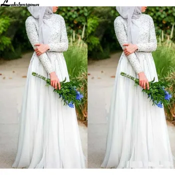 Muçulmano De Vestidos De Noiva Da Nova Chegada Simples E Puro Branco Frisado Cristais De Alta Decote Manga Longa Chiffon Islâmica Do Vestido De Casamento