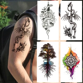 Cobra Flor Tatuagem Temporária Para Crianças, Mulheres, Homens Do Rei Dragão Falso Etiqueta Da Árvore Bússola Espada Impermeável Tatoo Braçadeira De Arte