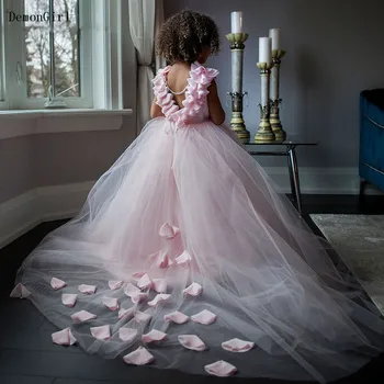 Puffy Vestidos Da Menina De Flor O Pescoço De Flores Feitas À Mão Da Princesa Vestido De Tule Vestido De Primeira Comunhão De Crianças Vestido De Aniversário