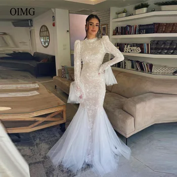 OIMG Sereia Mangas compridas, Vestidos de Noiva de Renda com Gola Alta, Mangas compridas, Saia de Tule árabe de Dubai Mulheres Elegantes Vestidos de Noiva
