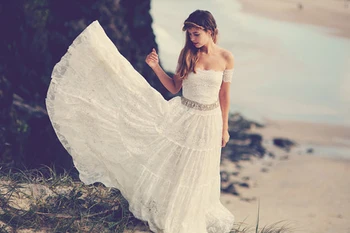 Moda Praia Vestidos de Casamento 2019 Renda off Ombro de Cristais, Miçangas Faixa vestidos de renda Frete Grátis vestido de noiva