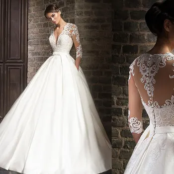 Vestidos de Casamento do laço vestido de noiva 2022 Metade Mangas com Decote em V Vestido de Noiva Bolsos Feitos Para a Mulher Veste De Mariee