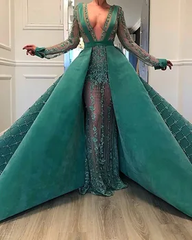 Abiye Verde Esmeralda Flor Do Laço Da Sereia Vestidos De Noite Com Trem Destacável 2021 Frisado Sexy Longo De Baile, Vestidos De Mangas Completo