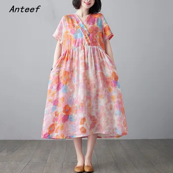 manga curta de algodão vintage vestidos florais para as mulheres casual solta longo mulher vestido de verão roupas elegantes 2021