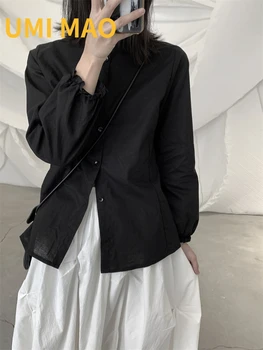 UMI MAO Yamamoto Escuro Miyake Outono Novo Designer Design de Camisa de Stand Colarinho de Camisa Mulheres Botão de Cor Sólida Moda Tops Y2K