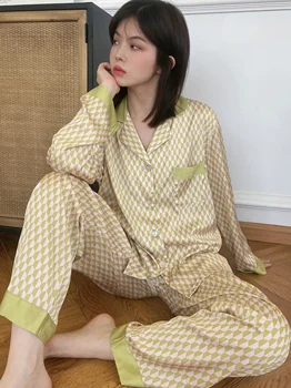 CRLAYDK Novo em Mulheres Conjunto de Pijama de Seda Verde em Xadrez de Cetim de Duas Peças de roupa de dormir de Manga Longa, Botão para Baixo Pjs Ponto de Loungewear