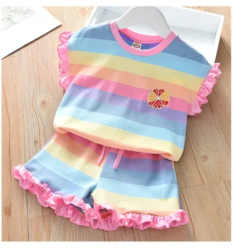 2PCS 2021 Verão Criança Conjunto de Roupa de Crianças Roupas de arco-íris Listrado T-shirt sem Mangas Tops+Calça Curta, Roupas de Bebê Menina
