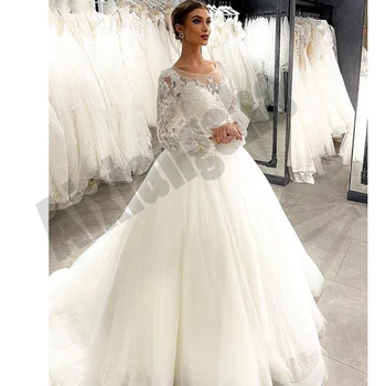 Turky Vestidos de Noiva Apliques de Glitter Brilhante Vestidos De Noiva Branco O Pescoço Cheio de Manga de Uma Linha Mulher de Luxo Robe de mariee