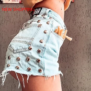 Moda 2021 Mulheres Lavado Denim Rebites Shorts Vintage Clássico de Cintura Alta do sexo Feminino Casual de Verão Senhoras Shorts Jeans para Mulheres