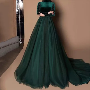 A Arábia Saudita Verde Escuro De Veludo De Baile, Vestidos De Mangas Compridas Formal Vestidos De Noite Saia De Tule Uma Linha Especial De Concurso De Desgaste Do Partido 2023