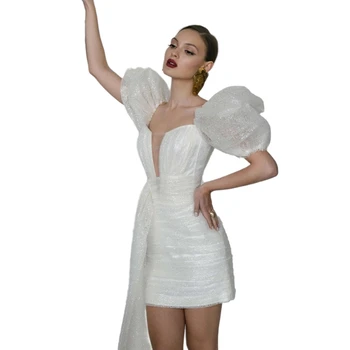 Moderna Mini Glitter Branco De Cetim Vestido De Noiva Fora Do Ombro Puff Manga Curta As Mulheres Verão Curto Bainha Do Vestido Festa De Casamento