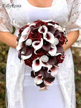 EillyRosia Cascata Borgonha Buquet de Noiva para Noiva Lágrima Lírios de Calla Rosas Elegante Buquê de Broche Flor Artificielle Retro