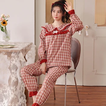 Mais recentes Mulheres de Manga Longa Pijama Conjunto de Grande Tamanho M-4XL de Lazer Mulheres Pijamas 2Pcs Definido para as Mulheres da Manta de Dormir
