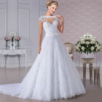 robe de mariage Uma linha Bateau Manga Apliques de Branco Vestidos de Casamento vestido de noiva 2020 Laço sem encosto Vestidos de Noiva