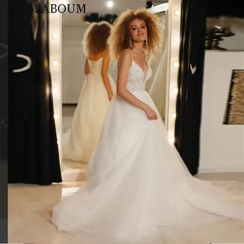 LaBoum Moderno E Brilhante Frisado Vestidos De Noiva Para Mulheres Com Renda Cintas De Espaguete Sem Encosto Tribunal De Noiva Vestidos De Trem Robe De Mariée