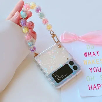 Colorido Sonhadora Concha Padrão de Glitter Caso de Telefone Para Samsung Galaxy Z Flip 3 5G Candy Color Cordão de Mão do Bracelete Chain da Tampa