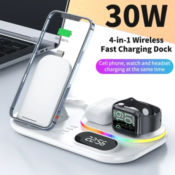 30W 4 em 1 sem Fio Magnético Carregador Para o iPhone 12 13 Apple Relógio Airpods Qi Rápido Carregamento, Estação de Dock Para Samsung S21 Nota