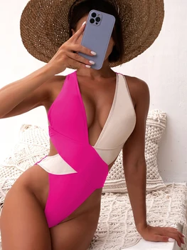 Sexy Um Maiô Mulheres 2022 Patchwork Sem Encosto Swimwear Feminino Body Monokini Maiô Mulher De Natação De Verão, Moda Praia