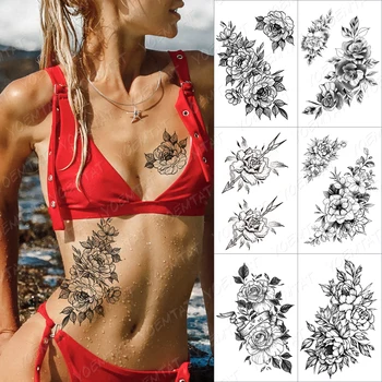 Linhas De Rosas Cobra Flores Da Etiqueta Temporária Tatuagem Para Homens Mulheres Adultos Peônia Impermeável Falso Henna Da Tatuagem Da Arte Corporal Do Decalque