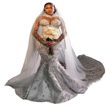 Ilusão de Pescoço Alto Cristais Sereia do Vestido de Casamento de Trem Capela Cheia de Manga Plus Size Vestidos de Noiva Esferas de Noiva Vestes de Mariee