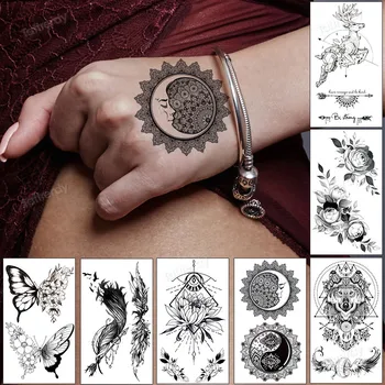 Impermeável Fresco Pequeno Tatuagem Adesivos Sol E Da Lua Asas De Borboleta Preta Pulso Clavícula Mão De Moda Simples Tatuagem Falsa De Transferência