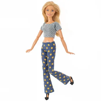 Cinza Polca Boneca de Moda de Roupas para a Boneca Barbie com Roupas 1/6 Acessórios Para Bonecas Barbie Crop Top Camisa Calças Calças de Brinquedos