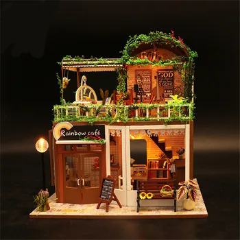 de madeira, de Casa de Boneca em Miniatura DIY Casa de bonecas Com os Móveis de Madeira, Café Casa de Brinquedos Para Meninas de Presente do Dia dos Namorados