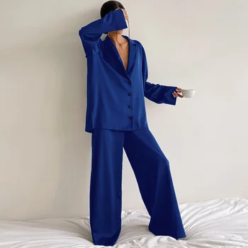 Sexy Baixo Corte De Moda Pijama Conjunto Para As Mulheres Solto E Casual Manga Longa, Calças, Ternos Sólido De Cetim De Seda Feminina Casa Equipada Tops 2-Pce