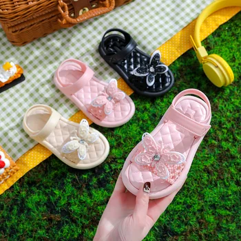 Verão Meninas Sandálias Simples Borboleta Cor-De-Rosa Crianças Sandálias De Criança Do Bebê Macio Casuais Sapatos De Menina Da Escola