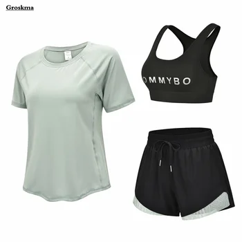 Mulheres Plus Size Yoga T-Shirt+Bra+Shorts de Ginástica Conjunto de 3 peças Treino Executando o Sportswear, Roupas Ensemble Femme 4XL
