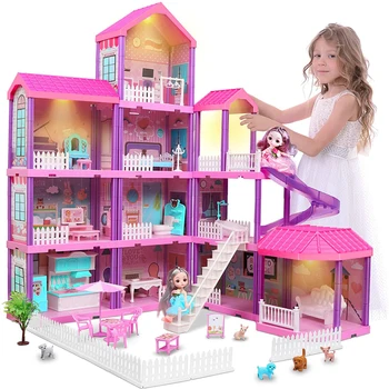 Casa de boneca DIY Princesa de casa de Família de Mobiliário Luzes Kit Criativo de Brinquedo Acessórios de casa Grande brinquedos para meninas Presentes de Natal