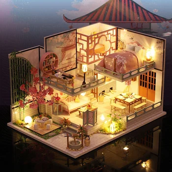 DIY de Madeira, de Casa de Boneca Japonesa de Quarto de Casa em Miniatura Kit de Construção de Casa de boneca Com Móveis, Luzes de Brinquedos para Meninas Presentes de Natal