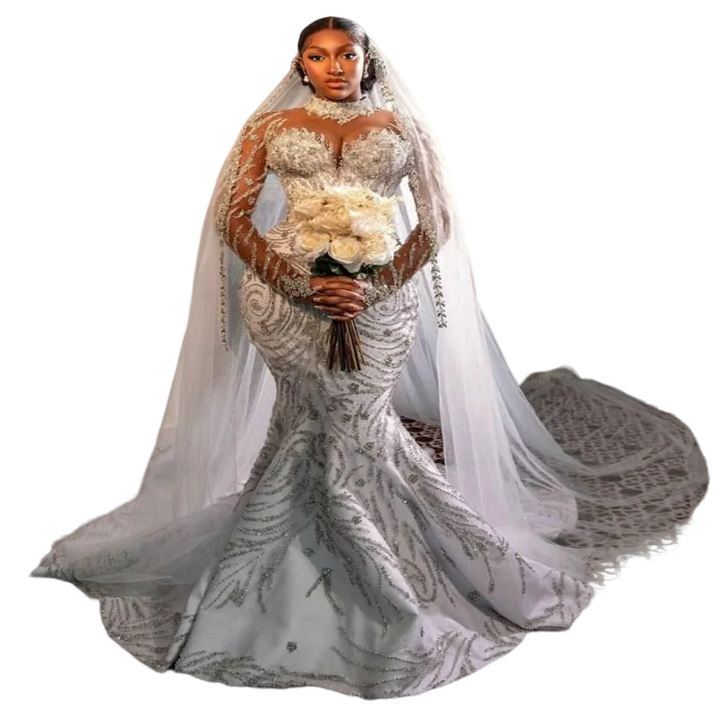 Ilusão de Pescoço Alto Cristais Sereia do Vestido de Casamento de Trem Capela Cheia de Manga Plus Size Vestidos de Noiva Esferas de Noiva Vestes de Mariee